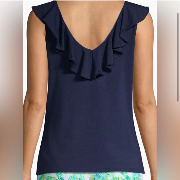 Lilly Pulitzer Aleesa Ruffle True Navy Blue Top Size L - Picture 3 of 8